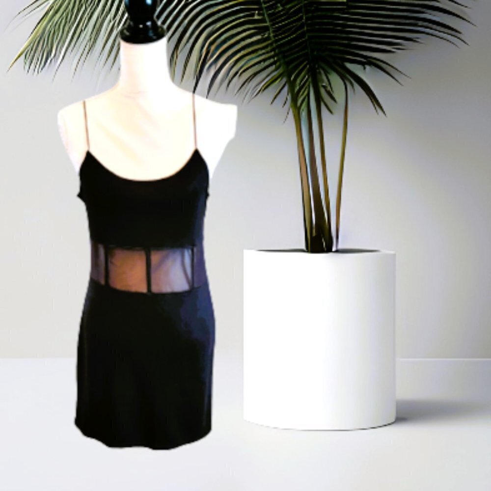 Divided Black Spaghetti Strap Mesh Mid-Section Evening Dress in Size Medium